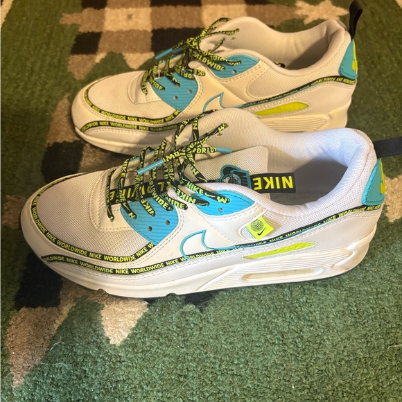 Nike Kids Air Max 90 SE White Blue Neon Green Sneakers - Picture 11 of 11